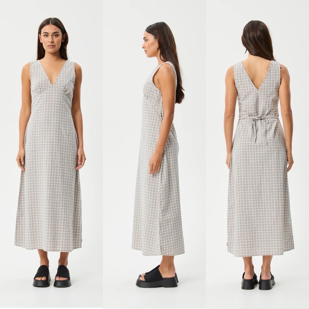 NWT AFENDS Womens Drew Seersucker Maxi Dress in Taupe Check